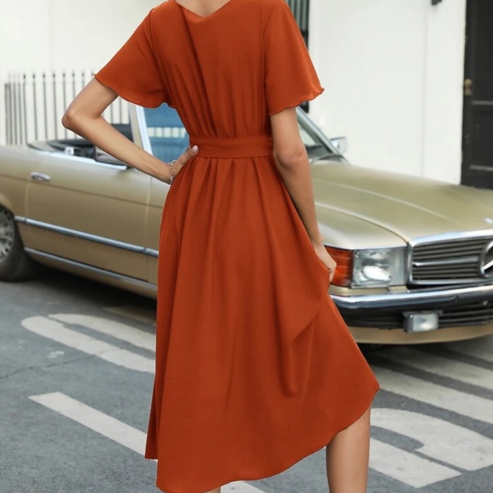 V neck flutter short sleeve faux wrap midi dress - Picture 11 of 16